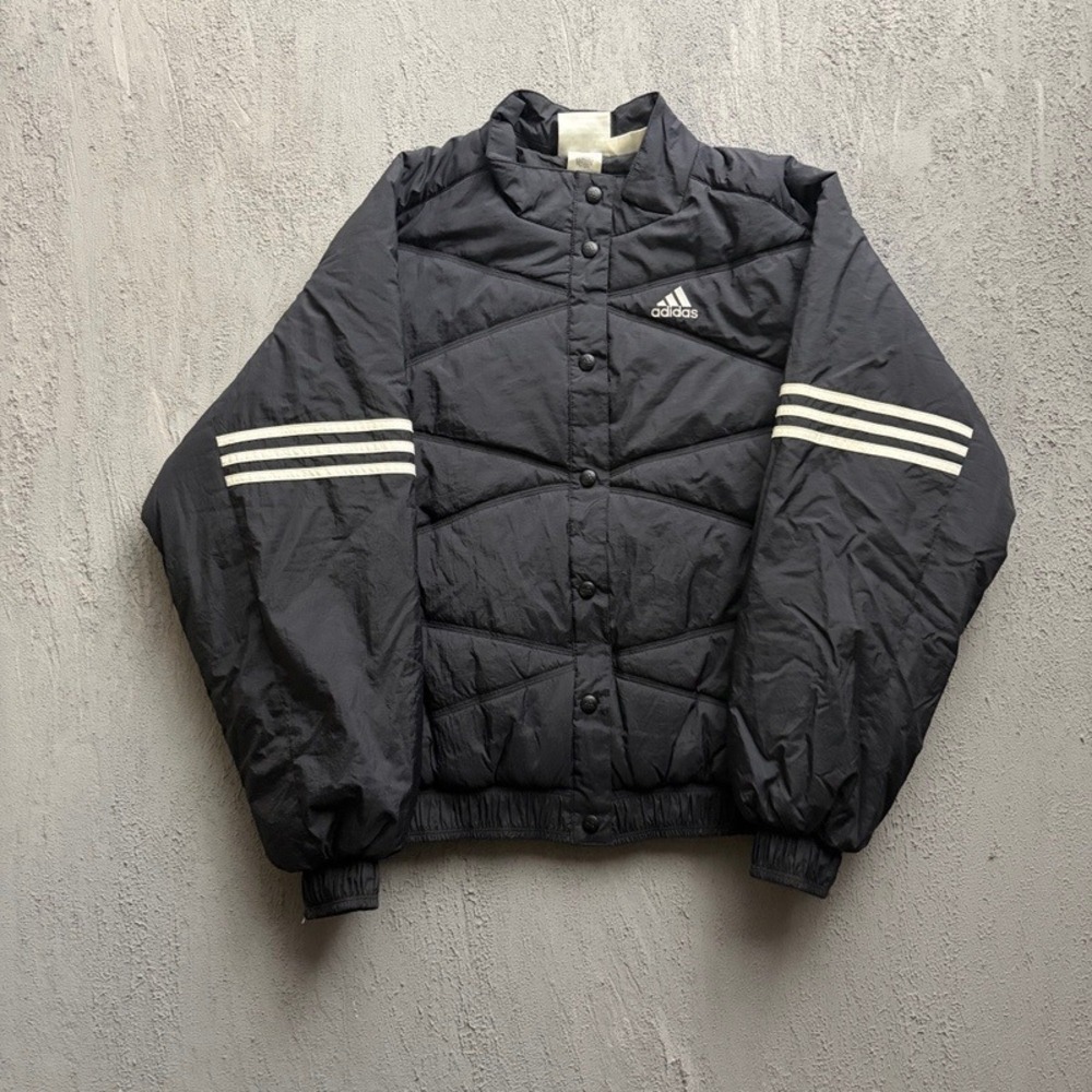 Vintage Adidas Puffer Jacket Large Black 1990s Insulated Snap Front